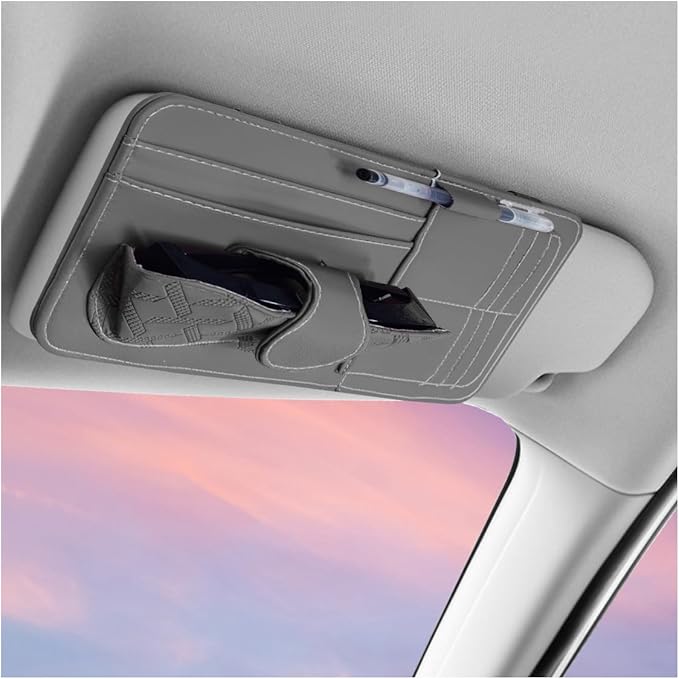 Car Sun Visor Organizer, Vehicle Sunglasses Holder, Automotive Storage Pocket for Pen, Glasses, Ticket, Card, Auto Interior Accessories Pocket for Car, SUV, Truck (Grey)