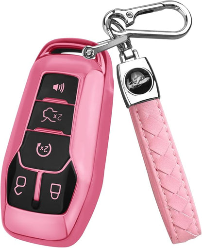 QBUC for Ford Key Fob Cover with Keychain Compatible with Ford Explorer F150 Fusion Mustang Edge Lincoln MKC 5 Buttons Smart Key (Pink, Series 2)