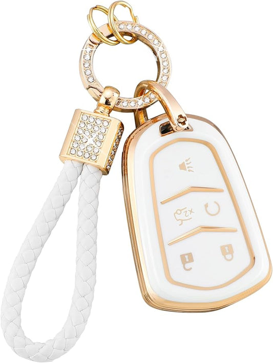 PIFOOG Key Fob Cover Fit for Cadillac XT5 XT6 XT4 CTS CT6 ATS SRX XTS 5 Buttons White Gold Car Keys Case Shell Bling Keychain Full Protector Covers Accessories Girly Women Cute Soft TPU