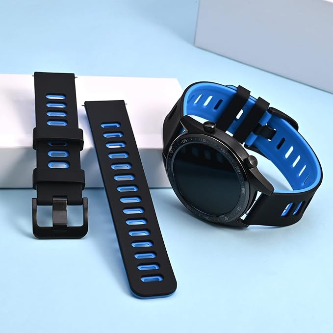 WOCCI 18mm Bicolor Watch Band, Silicone Rubber, Quick Release Replacement Strap for Men and Women, Black Stainless Steel Buckle (Black-Blue)