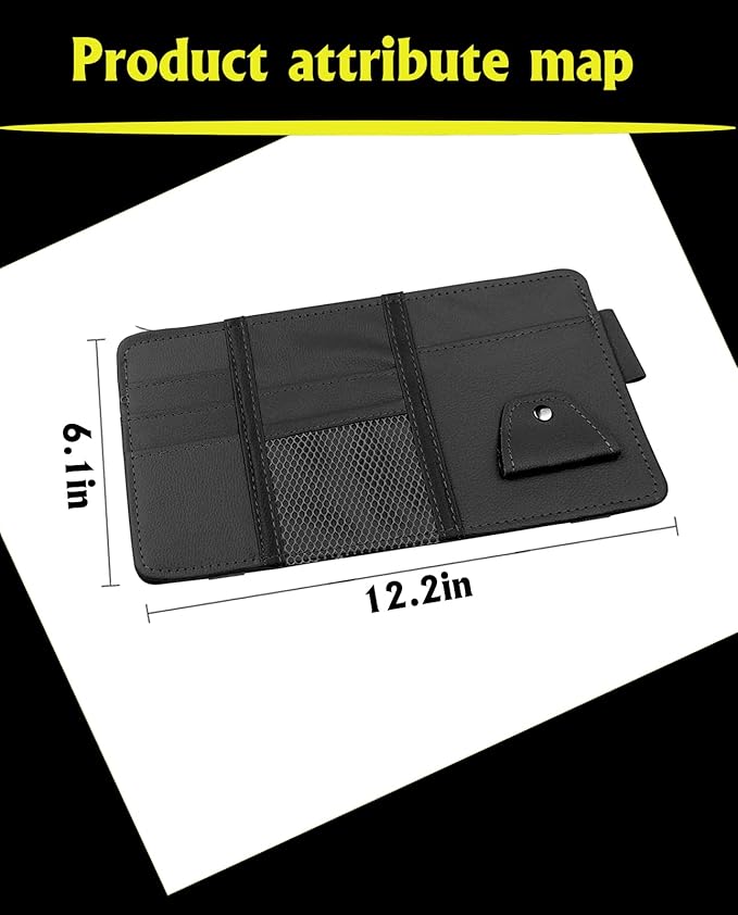 Car Sun Visor Organizer, Multifunctional Leather Sun Visor Organizer Sunglass Holder with Zipper for Car Interior Truck Accessories Men Women (Black)