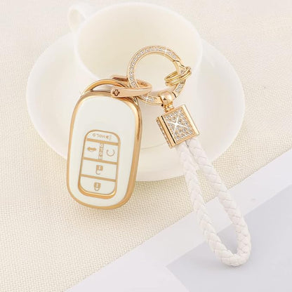 PIFOOG Key Fob Cover Fit for Honda 2025 2024 2023 CRV Civic Accord Pilot HRV 5 Button Car Smart Keys Shell Case with Bling Keychain Full Protector Accessories White Gold TPU Cute Girly Women