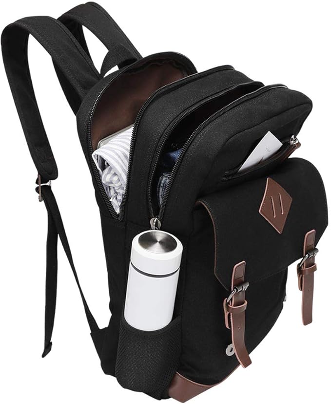 Modoker Eco-Friendly Canvas Backpack for Men Women, Vintage Rucksack Fits Most 15.6 Inch Laptop (Black, Fits up to 15.6" laptop)