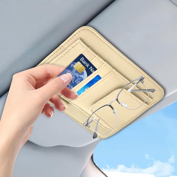 Small Leather Sun Visor Organizer, Visor Accessories, Multi-Pocket Sunvisor Storage with Sunglass Holder, Car Organizer for Drving License Card Pen Fits Most Vehicles (Beige)