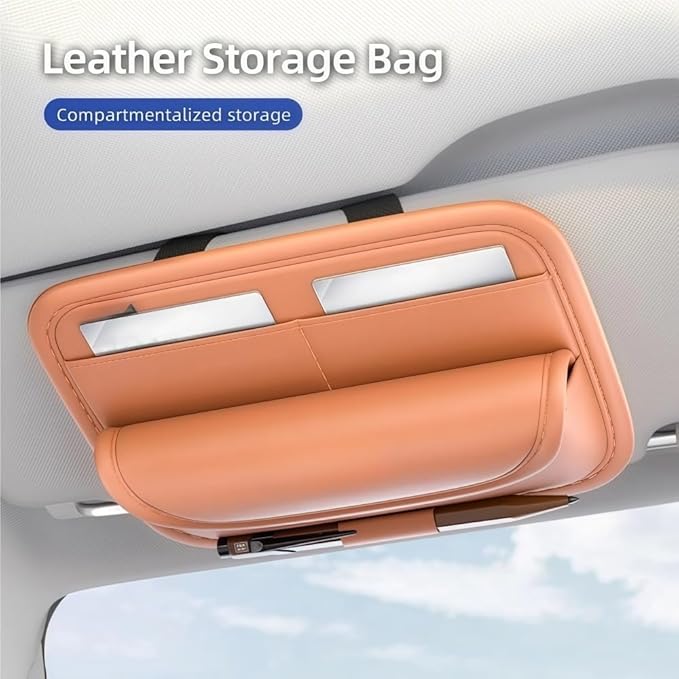 GGCLIMAX Car Organizers And Storage Luxury Leather Car Sun Visor Organizer Multi Compartment Eyeglasses Card And Pen Holder Universal Fit 3 Color Options(Orange-1pc)