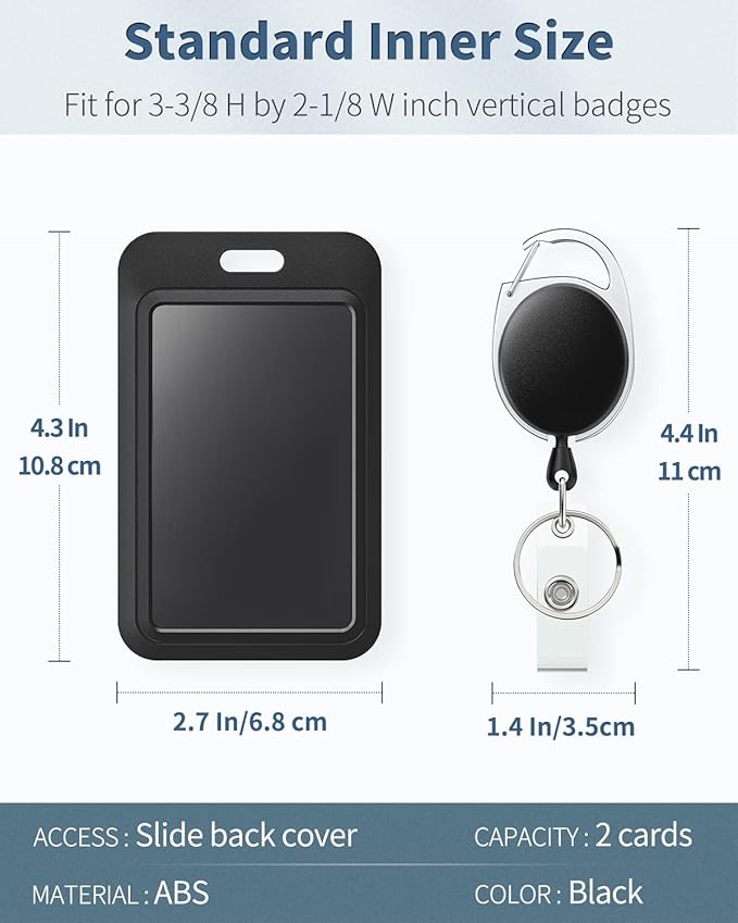Uniclife 3 Pack Sliding Badge Holder Hard Black Vertical Plastic Card Case Protector with Retractable Badge Reel Carabiner for Office School ID Credit Proximity Key Card Driver’s License and Pass