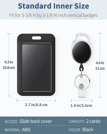 Uniclife 3 Pack Sliding Badge Holder Hard Black Vertical Plastic Card Case Protector with Retractable Badge Reel Carabiner for Office School ID Credit Proximity Key Card Driver’s License and Pass