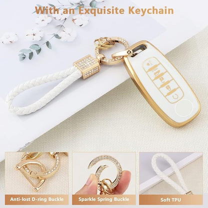 PIFOOG for Rogue Key Fob Cover 5 Buttons 2023 Pathfinder SL Platinum Car Key Case Shell Bling Keychain Lanyard Protector Protection Accessories Women Girly Cute White Gold TPU