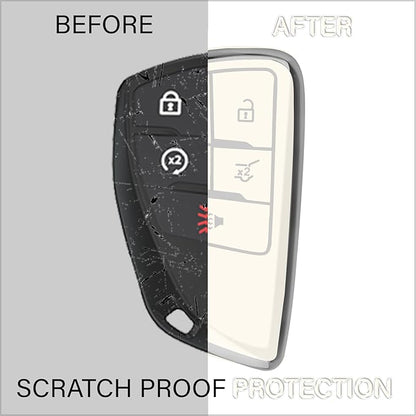 QBUC for Chevy Key Fob Cover with Keychain Soft TPU Protection Case Compatible with 2021-2026 Chevy Equinox Blazer Tahoe Suburban GMC Yukon Denali Silverado 5-Buttons(Chrome Trim White)
