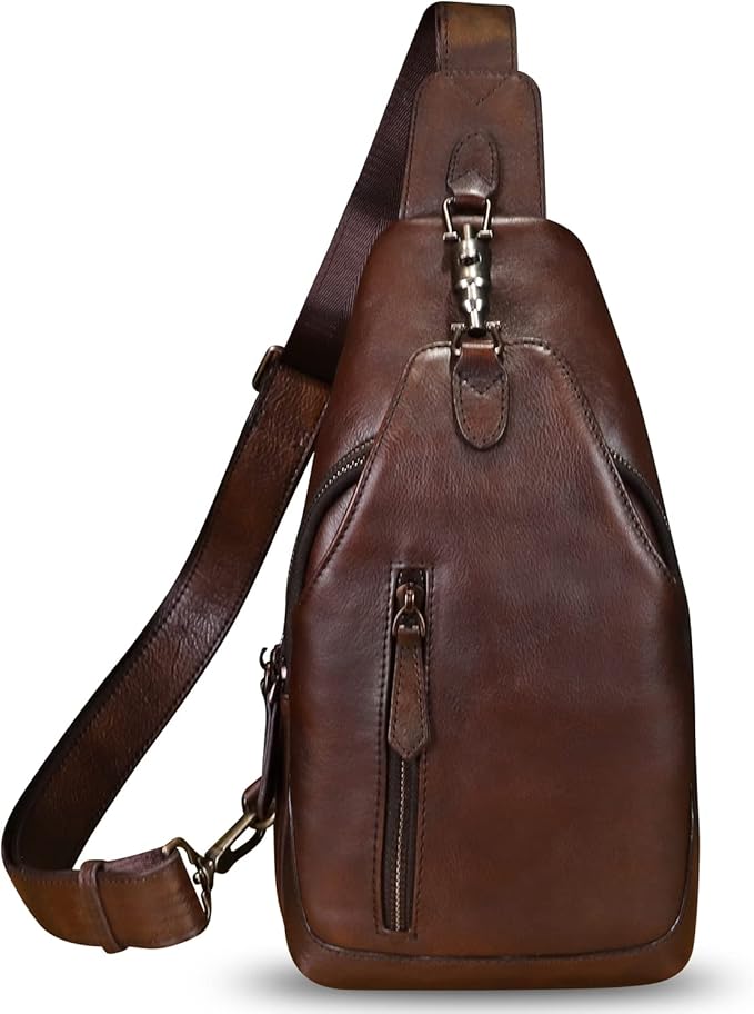 LRTO Genuine Leather Sling Bag for Men and Women Real Leather Shoulder Crossbody Bag Chest Bag Sling Backpack Purse