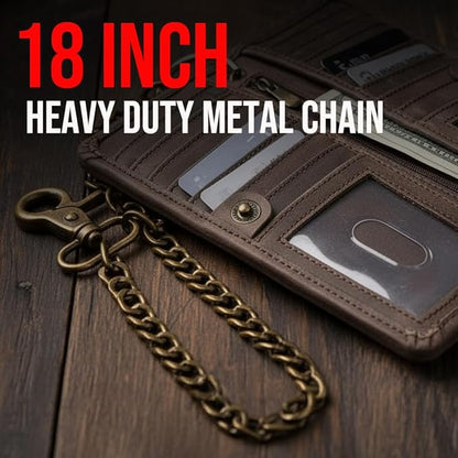 CLASSIC Motorcycle Chain Wallet for Men – Premium Cowhide Leather, RFID Bi-Fold Biker Wallet for Bikers Truckers & Hunters, Credit Card Money Organizer Long Wallet Crazy Horse Brown Vintage Chain