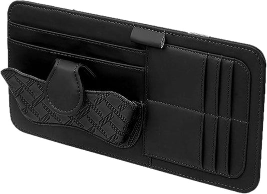 Car Sun Visor Organizer, Multi-Function Leather Car Visor Storage Pouch for Sunglasses Cards Licenses Pens, Multi-Pocket Visor Organizer, Universal for SUV, Sedan, Truck (Black)