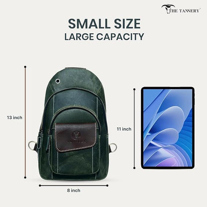 The Tannery Handmade Buffalo Leather Multipurpose Travel Hiking Crossbody Chest Backpack with Adjustable Shoulder Strap (Green, Small)