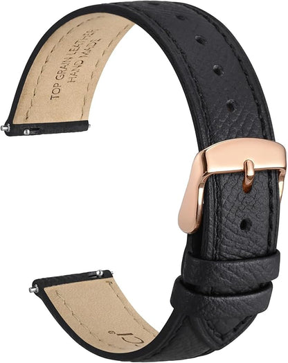 WOCCI 22mm Grace Leather Watch Band for Ladies, Top Grain Leather, Quick Release Replacement Strap with Rose Gold Buckle (Black)