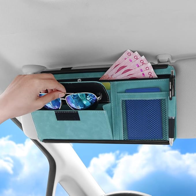 JEYODA Car Sun Visor Organizer Glasses Case Storage Bag note Holder Car suede Zipper Card Hold Car Organizers and Storage (blue)