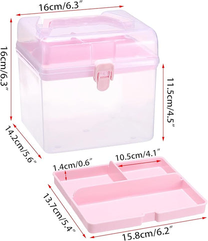 BTSKY Multipurpose Plastic Craft Storage Containers with Removable Tray, Clear Plastic Storage Box with Lid & Handle, Easy Carry & Stack Small Storage Container, 6.3x5.6x6.3 Inch, Square-Pink