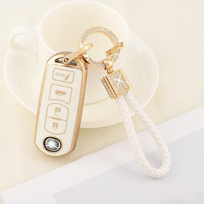 PIFOOG for Mazda Key Fob Cover 6 3 CX5 CX9 CX-3 MX5 Mitia Accessories Girly Women Soft TPU Car Keys Shell Case 4 Buttons Full Covers Protection Glitter Keychain White Gold Cute