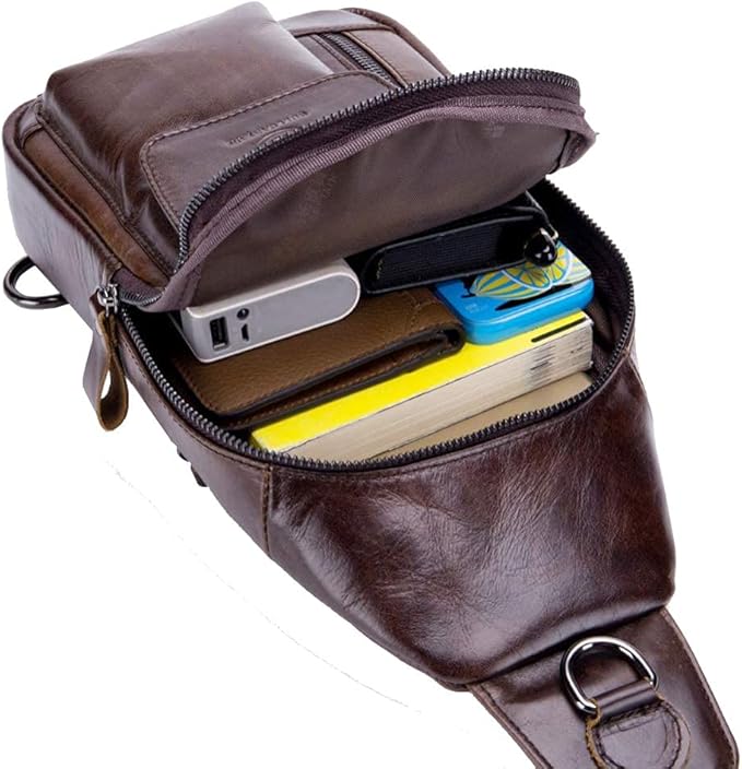 Hebetag Leather Sling Bag Hiking Daypack for Men Women Outdoor Travel Camping Fishing Crossbody Shoulder Chest Pack Casual Backpack