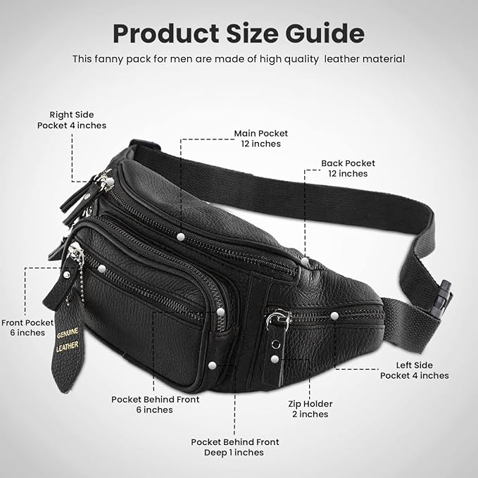 Fanny Pack Waist Bag Multifunction Genuine Leather Hip Bum Bag Travel Pouch for Men and Women- Multiple Pockets & Sturdy Zippers Ideal for Hiking Running And Cycling