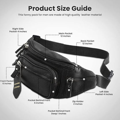 Fanny Pack Waist Bag Multifunction Genuine Leather Hip Bum Bag Travel Pouch for Men and Women- Multiple Pockets & Sturdy Zippers Ideal for Hiking Running And Cycling
