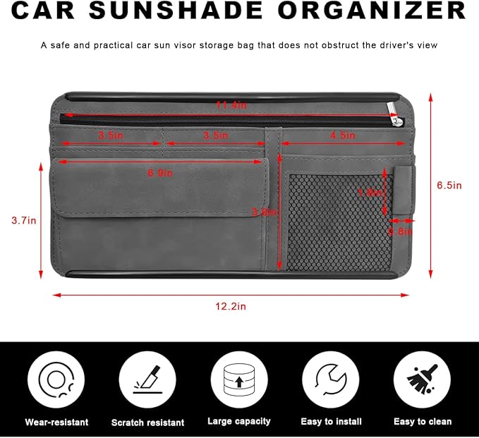 Car Sun Visor Organizer, Soft Leather Vehicle Sunshade Glasses Storage Bag with Net Zipper, Automotive Multi-Pocket Organizer for Drive License Card Glasses Document (Gray)
