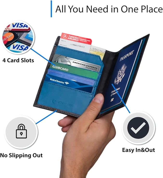 Leather Passport Holder for Men & Women – Genuine Leather RFID Travel Wallet – Slim Handmade Passport Cover with Card Slots & Document Pockets – Bicolor Black & Blue Design
