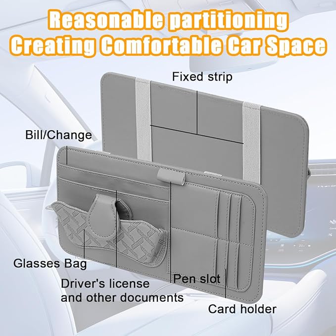 Car Sun Visor Organizer, Leather Multi Pocket Vehicle Visor Storage Pouch for Sunglasses Card License, Multifunctional Auto Interior Organization Accessories, Universal Fit (Gray)