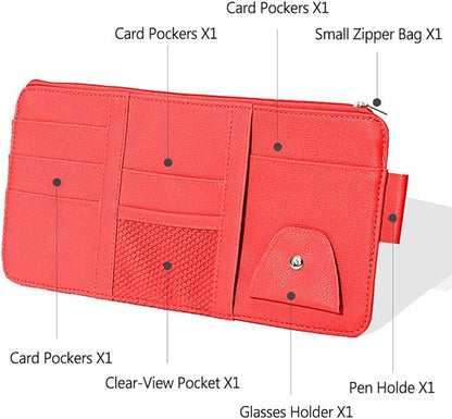 1 Pack Car Sun Visor Organizer, Sunglasses Holder for Car Sun Visor, Auto Interior Accessories Pocket Organizers Can Store for Sunglasses, Documents, Cards, Pen, Drivers License (Red)