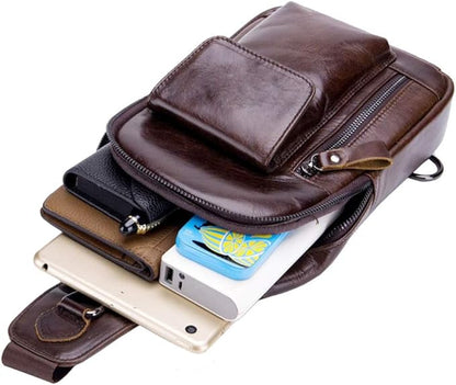 Hebetag Leather Sling Bag Hiking Daypack for Men Women Outdoor Travel Camping Fishing Crossbody Shoulder Chest Pack Backpack, Coffee