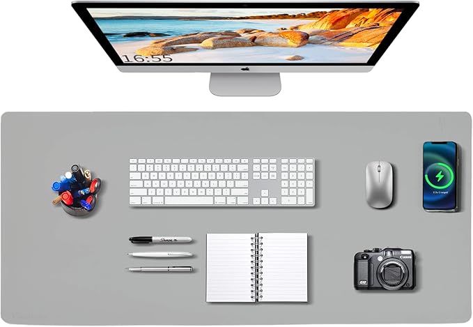 Desk Mat Wireless Charging Mouse Pad Large 32x16 Journey Desk Pad Mat with Wireless Charger Waterproof Grey Leather Computer Mat with Phone Charger Mousepad Non-Slip for Keyboard and Mouse