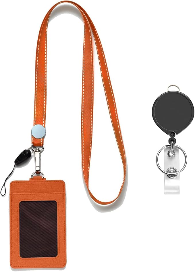 AMUU Orange Cruise Lanyards with PU Leather Vertical ID Badges Holder and Black Retractable Badge Reel,for Office,id Badges,Keys,Kid, Women,Men,USB Pack of 1