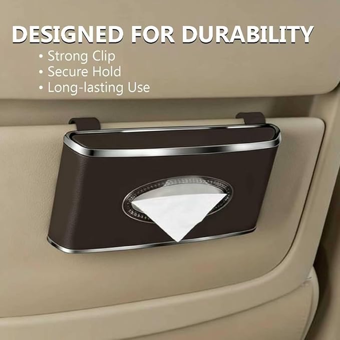 Leather Car Tissue Box for Car Interior, Multi-Function Tissue Holder with Visor Clip, Armrest & Back Seat Napkin Organizer, Vehicle Tissue Dispenser Accessories (Brown Hanging)