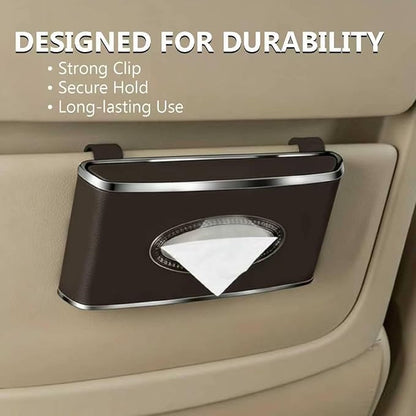 Leather Car Tissue Box for Car Interior, Multi-Function Tissue Holder with Visor Clip, Armrest & Back Seat Napkin Organizer, Vehicle Tissue Dispenser Accessories (Brown Hanging)