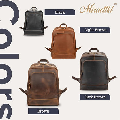 Leather Backpack for Men 15.6" Laptop Backpack 100% Madagascar top-Grain Leather Backpack Dark Brown Medium Size
