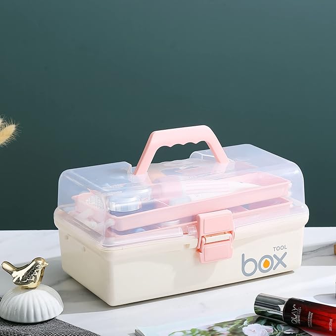 Kinsorcai 2PCS 12'' Three-Layer Clear Plastic Storage Box/Tool Box, Multipurpose Organizer and Portable Handled Storage Case for Art Craft and Cosmetic (White)