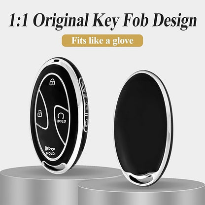 7 Buttons Compatible with Hyundai Key Fob Cover Accessories, Fits for Sonata Santa Fe Tucson KONA Grandeur Ioniq 6, Soft TPU Key Case with Leather Keychain (Black-Silver)