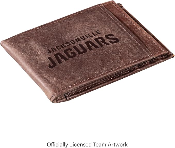 Team Sports America NFL Jacksonville Jaguars Front Pocket Slim Wallet for Men | Minimalist Leather RFID Blocking Bifold Card Holder with Money Clip | Officially Licensed Stamped Logo
