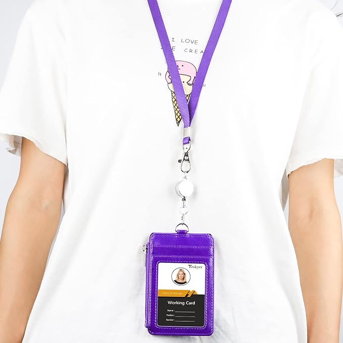 Teskyer Leather Badge Holder with Lanyard and Retractable Badge Reel, 4 Card Slots ID Card Holder with 1 Zipper Pocket for Office School Name Work IDs, Purple
