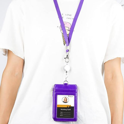 Teskyer Leather Badge Holder with Lanyard and Retractable Badge Reel, 4 Card Slots ID Card Holder with 1 Zipper Pocket for Office School Name Work IDs, Purple