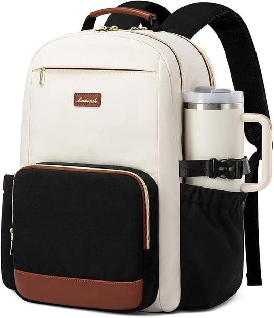 LOVEVOOK Laptop Backpack for Women with Pouch Pocket for Large Capacity Cup,17 Inch Laptop Computer Bag Travel Backpack Purse,Waterproof Work Business Backpack College Teacher Bags,Beige-Black-Brown