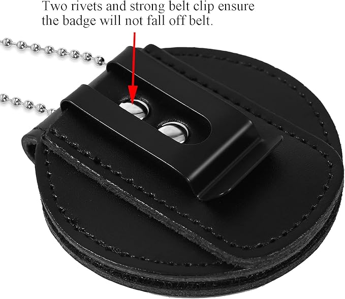 Sheriff Badge Holder, Universal, Made of Cowhide, Metal Belt Clip and Stainless Steel Chain, Leather Law Enforcement Badge Holder (Circle Badge Holder)