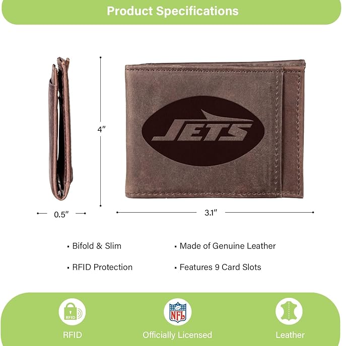 Team Sports America NFL New York Jets Front Pocket Slim Wallet for Men | Minimalist Leather RFID Blocking Bifold Card Holder with Money Clip | Officially Licensed Stamped Logo