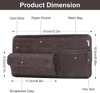 Sun Visor Organizer, Multi-Pocket Auto Visor Organizer for Car, SUV and Truck, Card Holder Glasses Holder for Car Interior Accessories Car Organizers And Storage, Brown