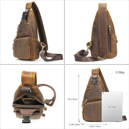 NIUCUNZH Genuine Leather Sling Bag Front Metal-Latch Crossbody Bags Handmade Vintage Chest Shoulder Backpack for Women Men