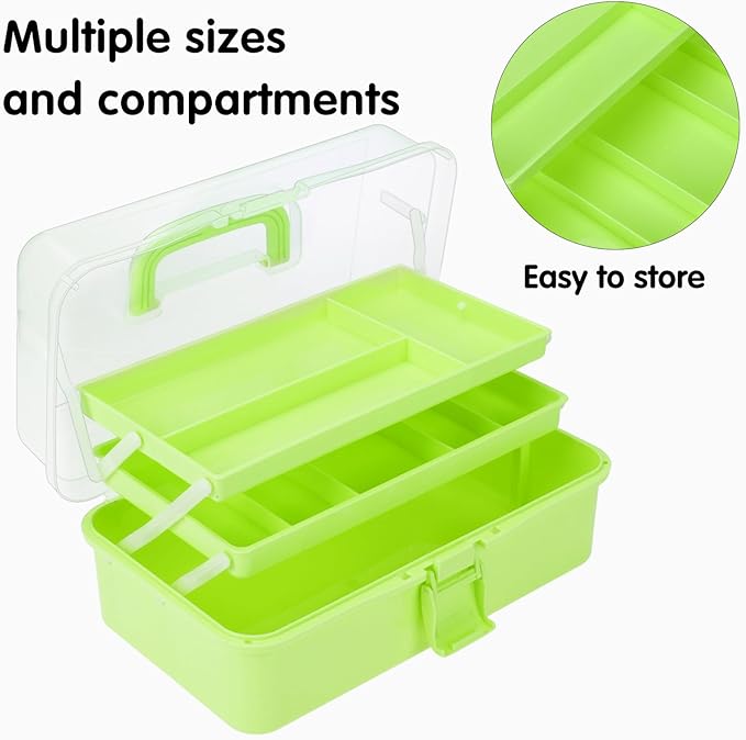 Small Toolbox with Handle, Tackle Box 3-Layer Craft Organizers, Portable Folding Plastic Tool Box for Sewing Supplies, Medicine, Art Supplies, Nails and Hair Accessories(Green)