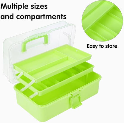 Small Toolbox with Handle, Tackle Box 3-Layer Craft Organizers, Portable Folding Plastic Tool Box for Sewing Supplies, Medicine, Art Supplies, Nails and Hair Accessories(Green)