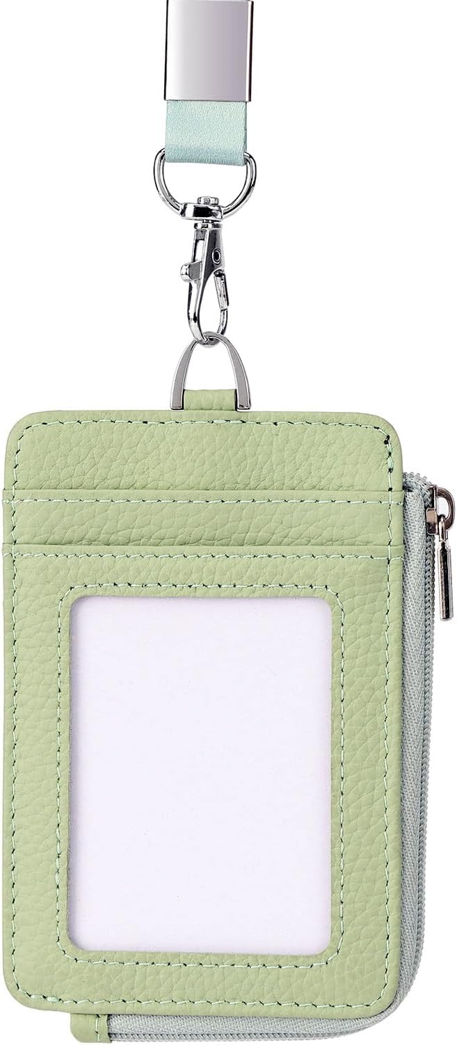 Badge Holder-Genuine Leather ID Badge Holder with Zipper Pocket and Nylon Lanyard – Perfect for Badges, Cards, and More