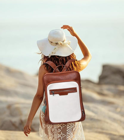 Leather Laptop Backpack, Women and Men Backpack Travel Business Work College Water Resistant Anti Theft Daypack Slim Large fits for 15.6 inch Notebook Computer bag, Off White+ Brown…