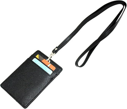 Boshiho Vertical Style Leather ID Card Badge Holder with Heavy Duty Lanyard (Black 2)