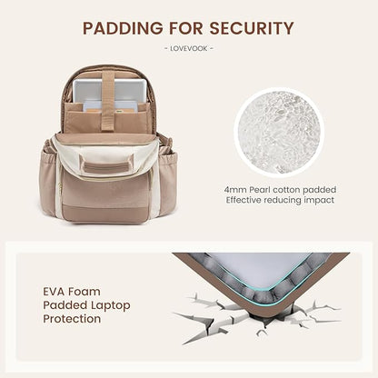 LOVEVOOK Laptop Backpack for Women with Pouch Pocket for Large Capacity Cup,15.6 Inch Laptop Computer Bag Travel Backpack Purse,Waterproof Work Business College Teacher Backpack,Beige-Nude-Logam Plum